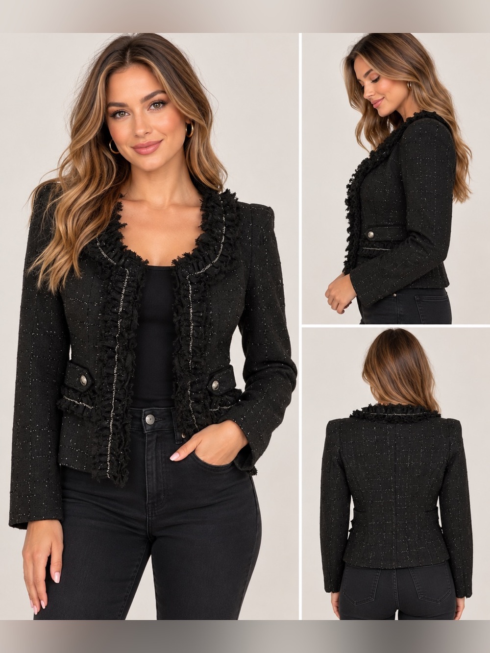 WOW Couture Black Tweed Ruffle Jacket Blazer With Shoulder Pads Small